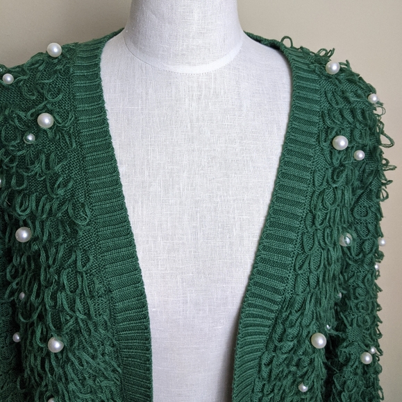 Emerald green textured chunky sweater cardigan - Picture 2 of 8